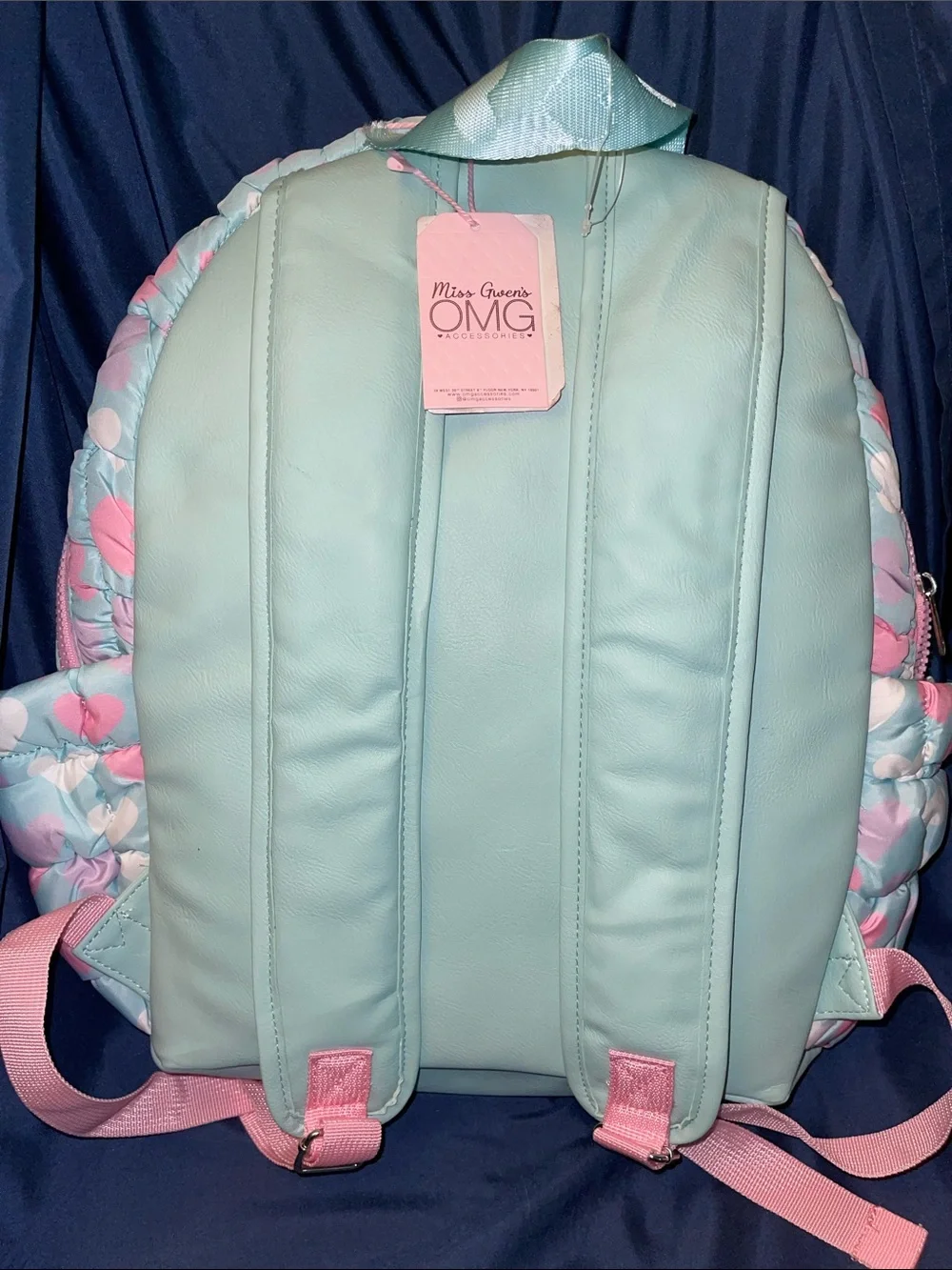 Quilted Mint Backpack with Pink Hearts & Pom Charm